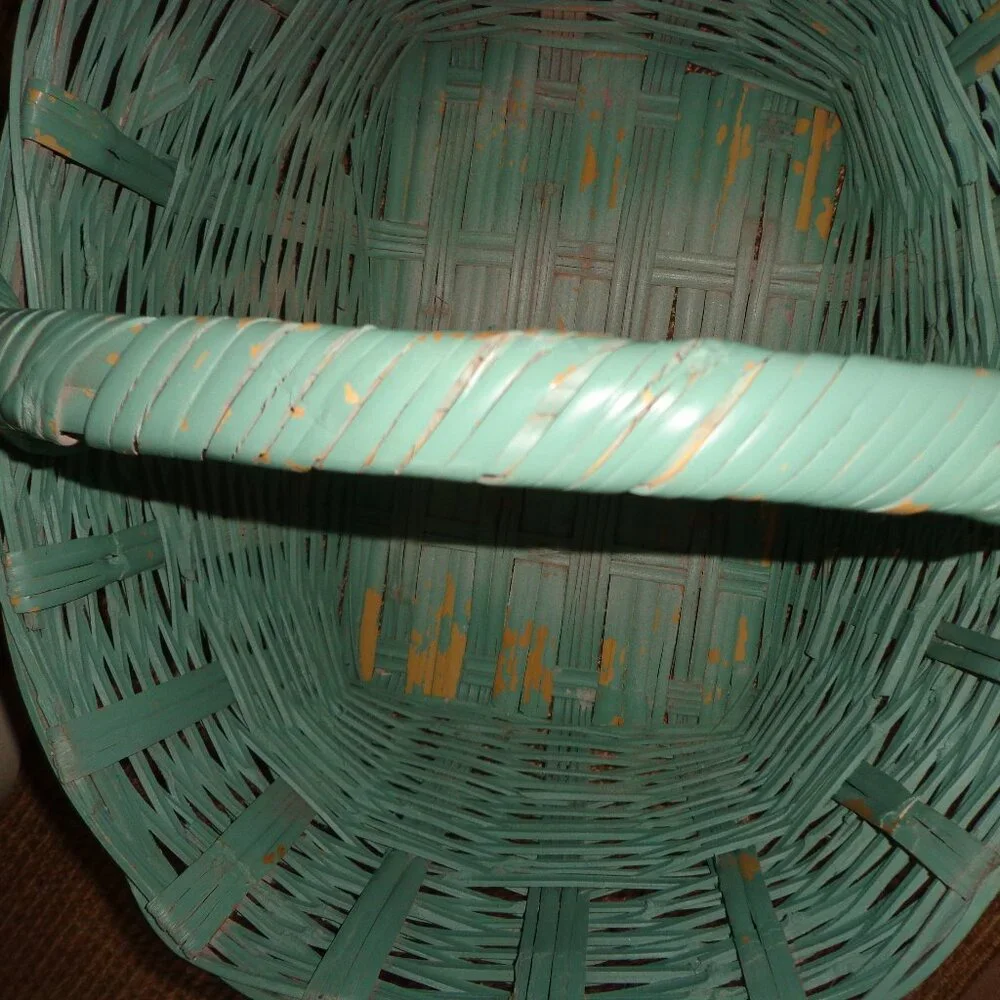 Painted Handled Wicker Basket Distressed Aqua Sturdy